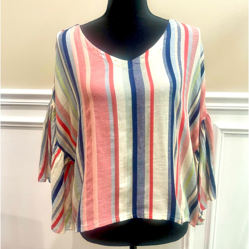 Susina Women's Striped Linen Blend Ruffle Shirt Boho Beach Hippie